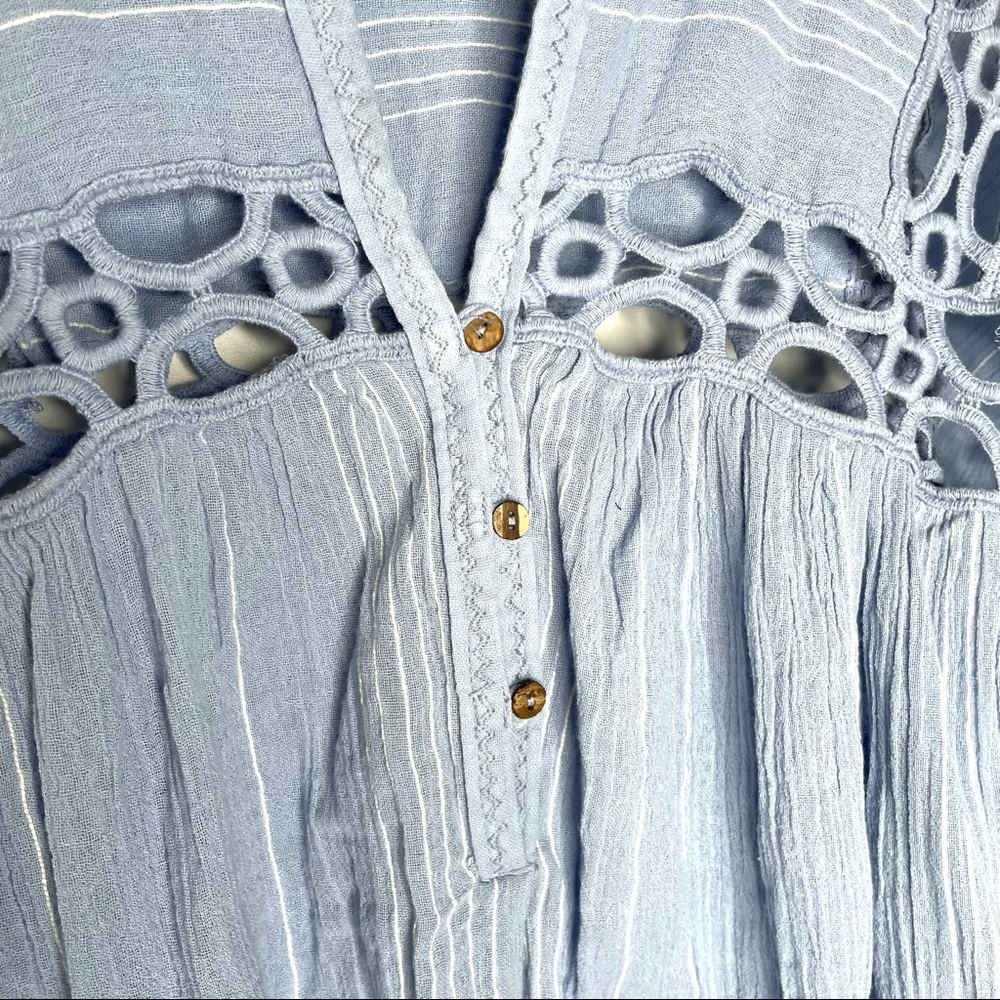 NEW Free People Cedar Lace Trim Popover Blouse Top Blue Gauze Cotton Medium - Picture 6 of 11